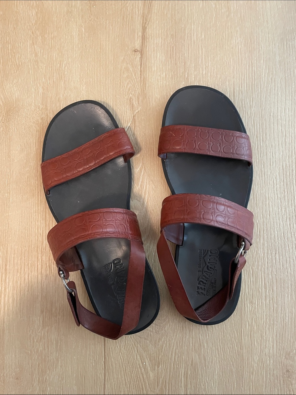 Salvatore Ferragamo Men's Red-Brown Leather Double Strap Sandals